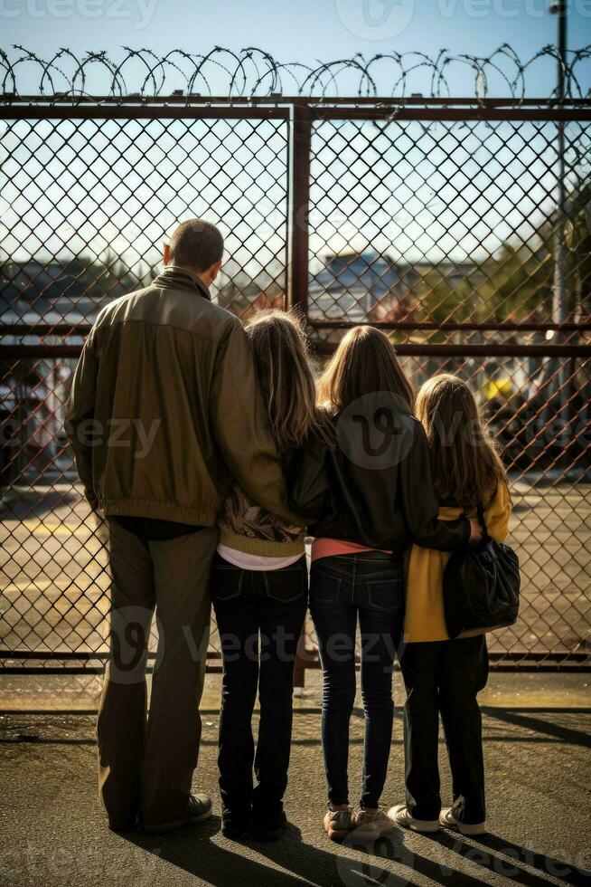 Embracing family at detention center gates heartfelt background with empty space for text photo