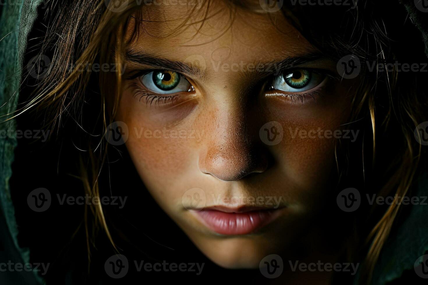 Young eyes gazing forward intense with both hope and apprehension photo