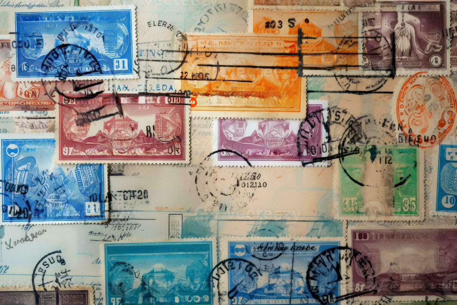 Passport stamps and visas global journey background with empty space for text photo