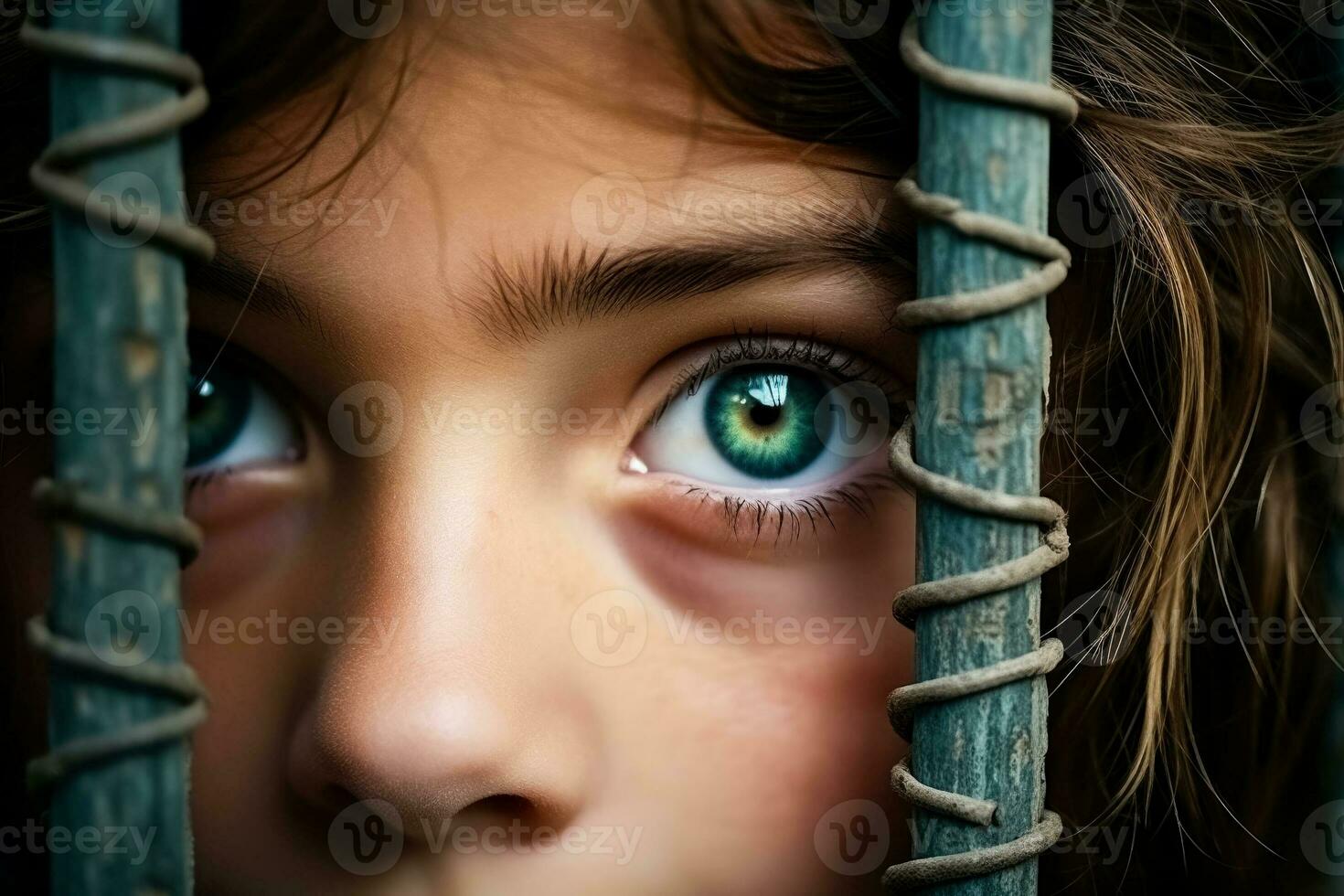 Youthful eyes peering through border fences dramatic background with empty space for text photo