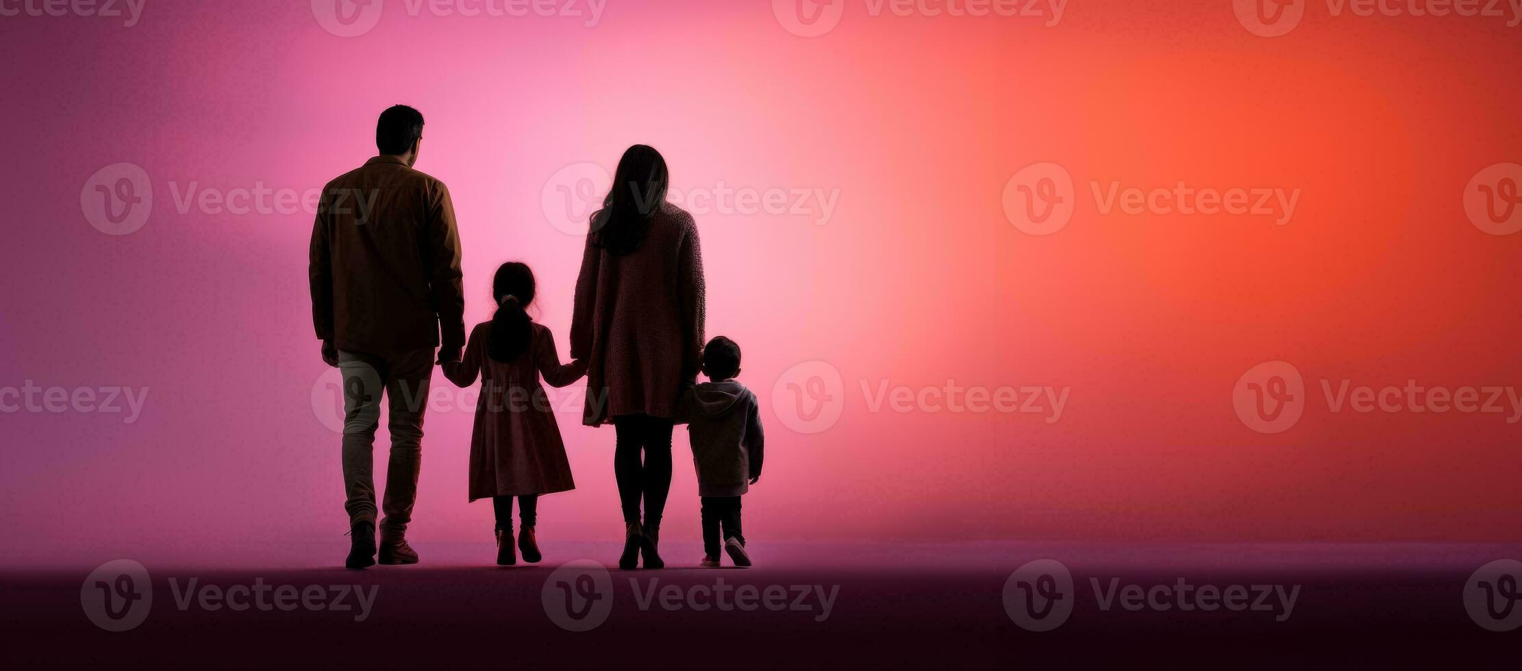 Resilient refugee family looking forward isolated on a dusky gradient background photo