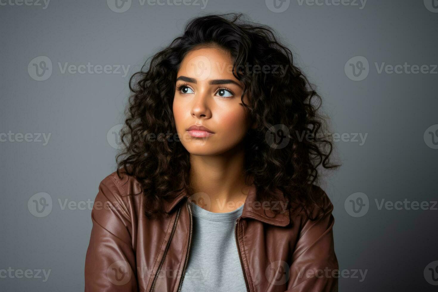 Young immigrants hopeful yet uncertain gaze isolated on a grey gradient background photo