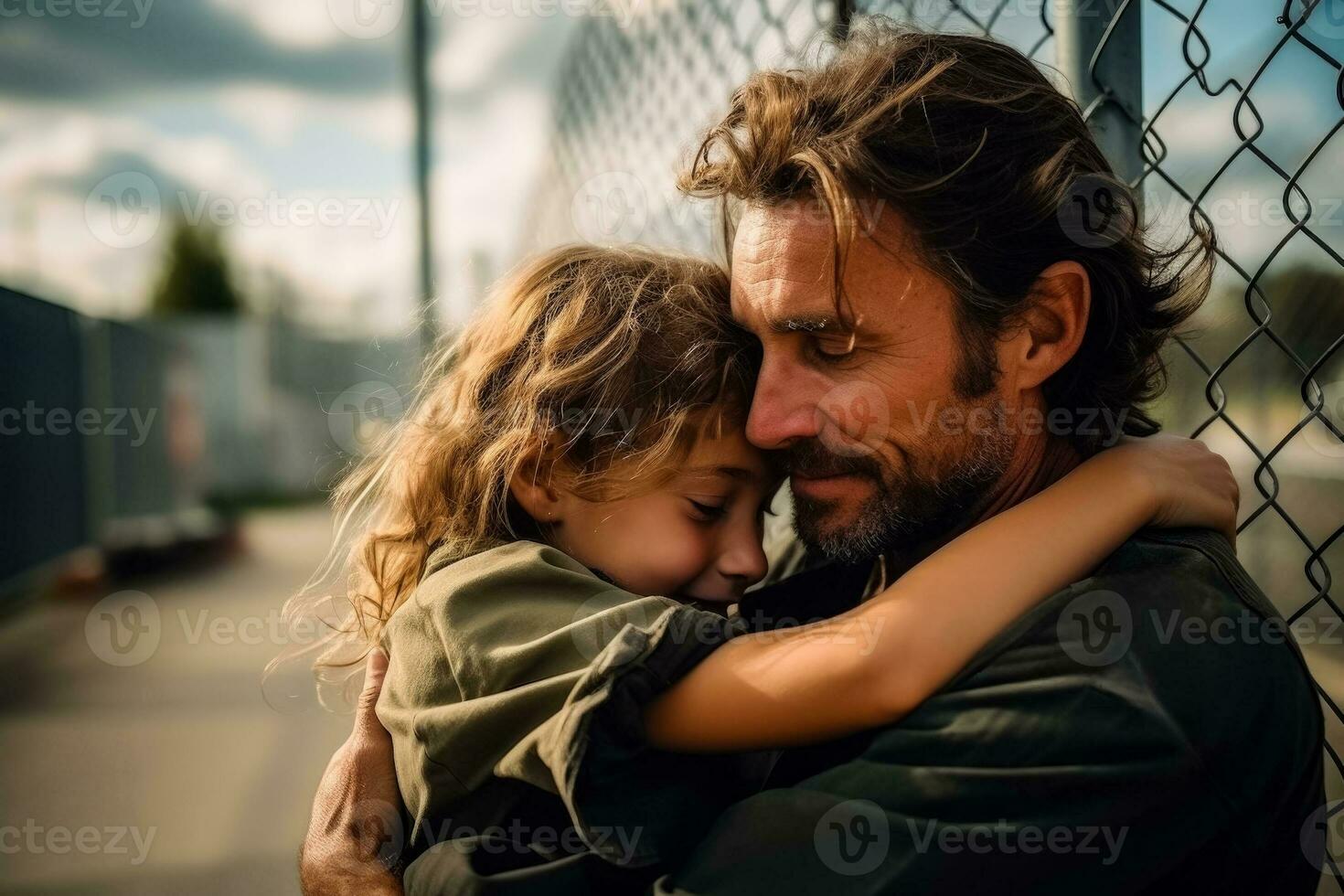 Embracing family at detention center gates heartfelt background with empty space for text photo