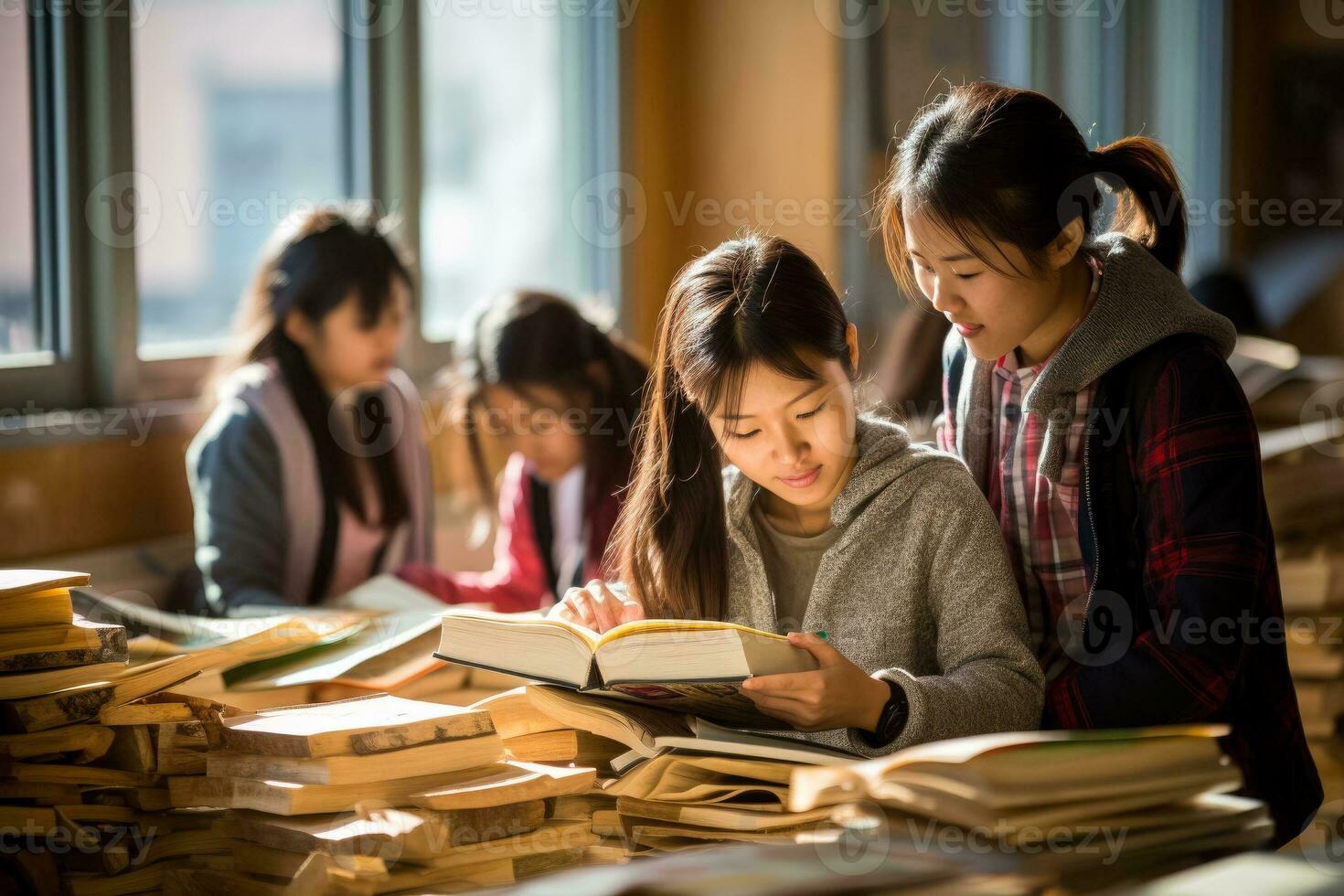 Immigrants studying intensively bilingual dictionaries and textbooks symbolizing effort and dedication photo