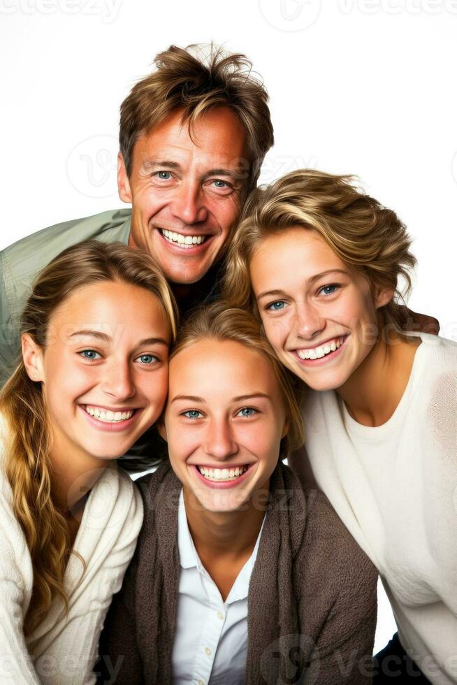 A family portrait full of joy after a successful reunion isolated on a white background photo