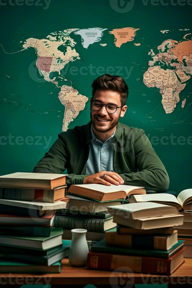 Focused immigrant studying new language isolated on a green gradient background photo