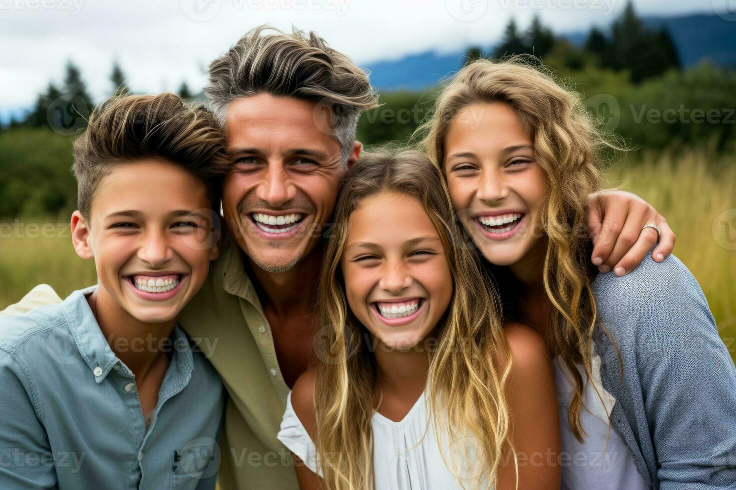 un familia retrato lleno de alegría después un exitoso reunión aislado en un blanco antecedentes foto