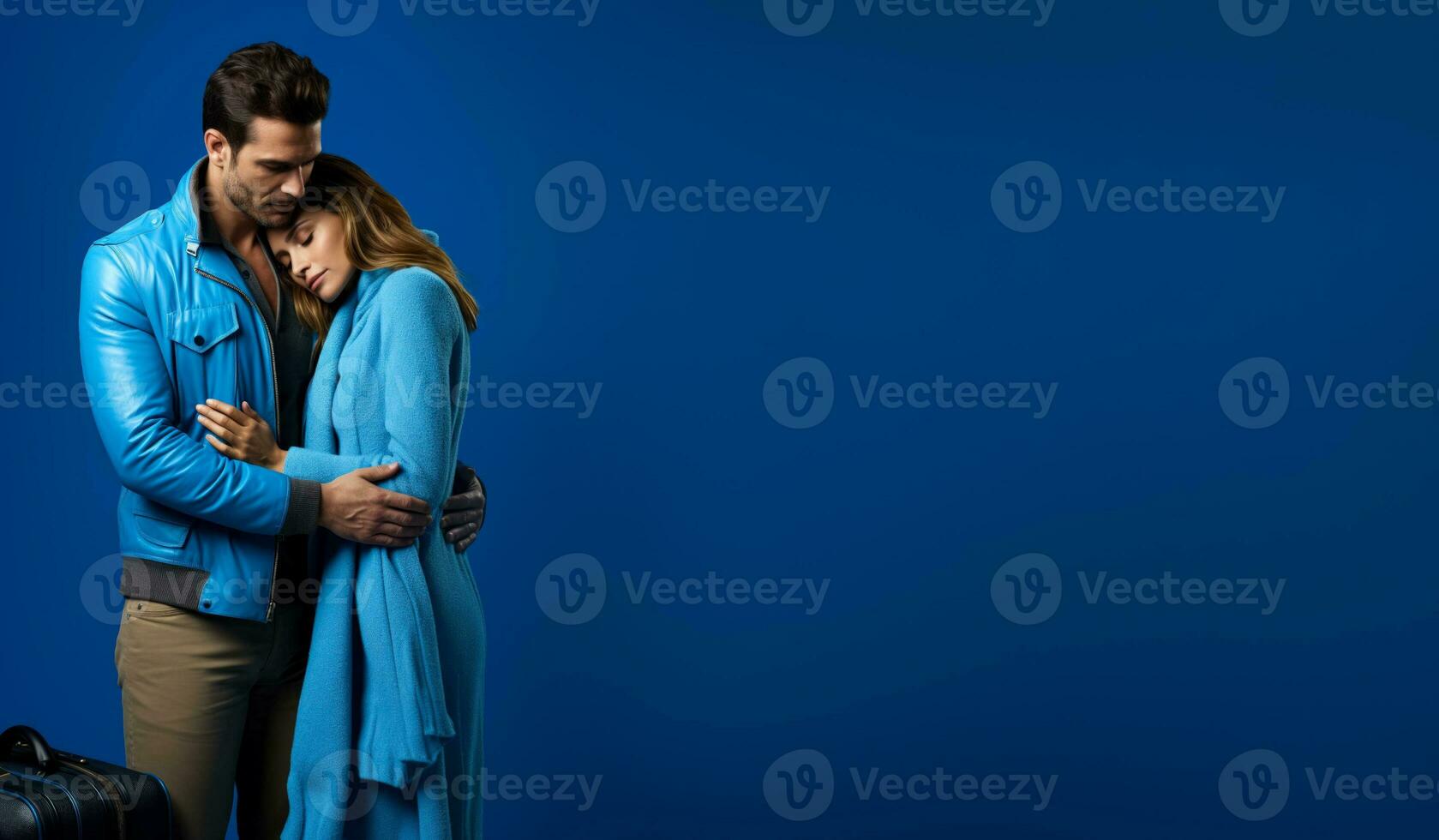 Tearful couple hugging at airport gate isolated on a blue gradient background photo