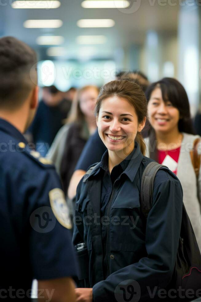 Smiling faces at immigration checkpoint crisp background with empty space for text photo