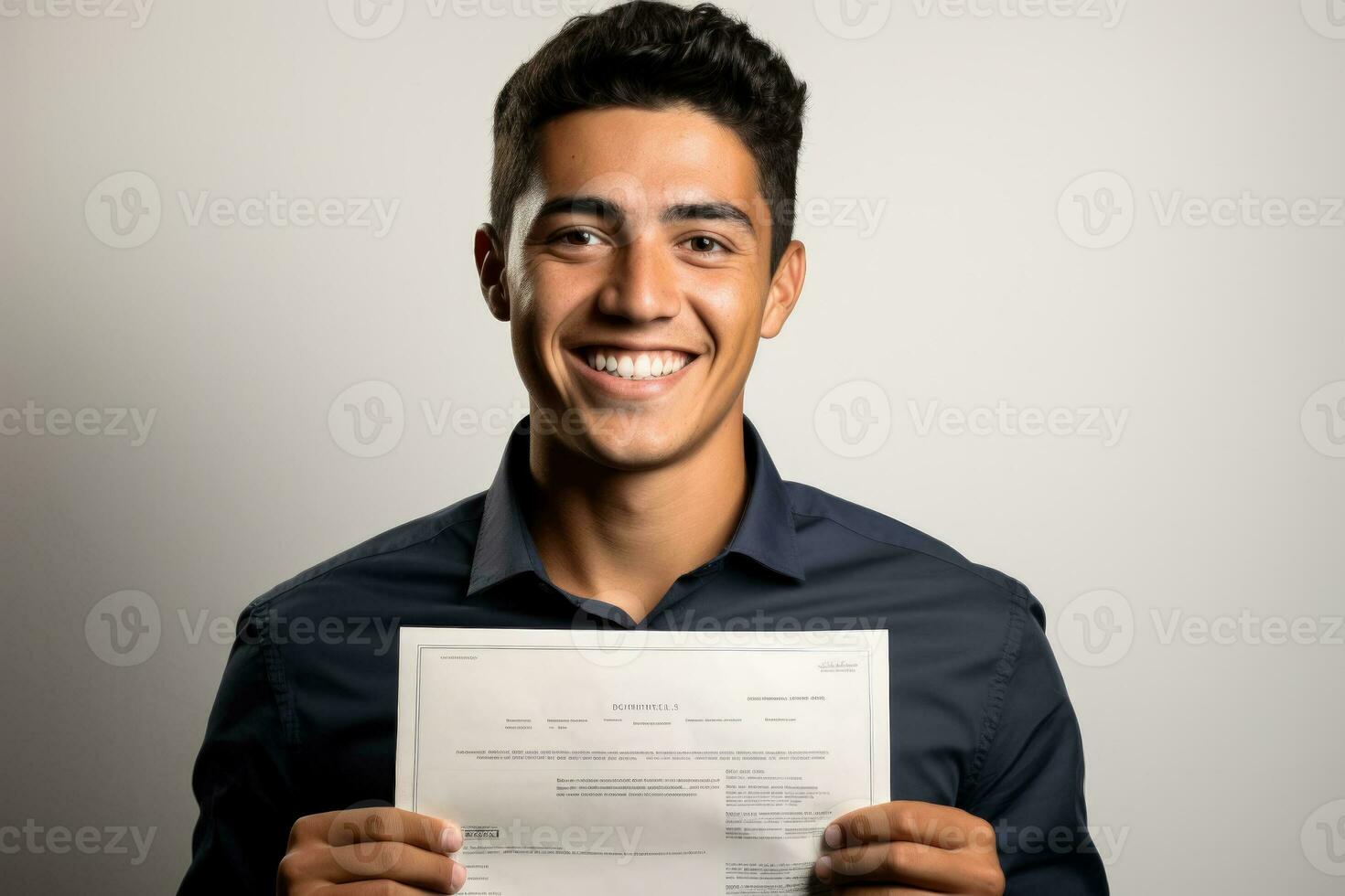Smiling immigrant holding a successful visa application isolated on a white background photo