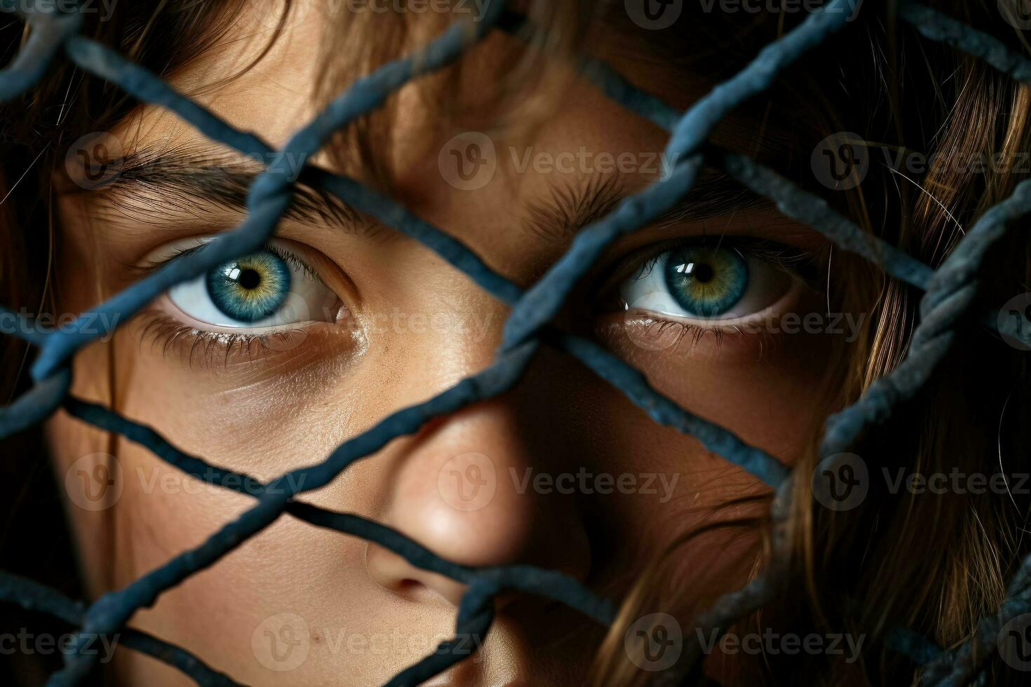 Youthful eyes peering through border fences dramatic background with empty space for text photo