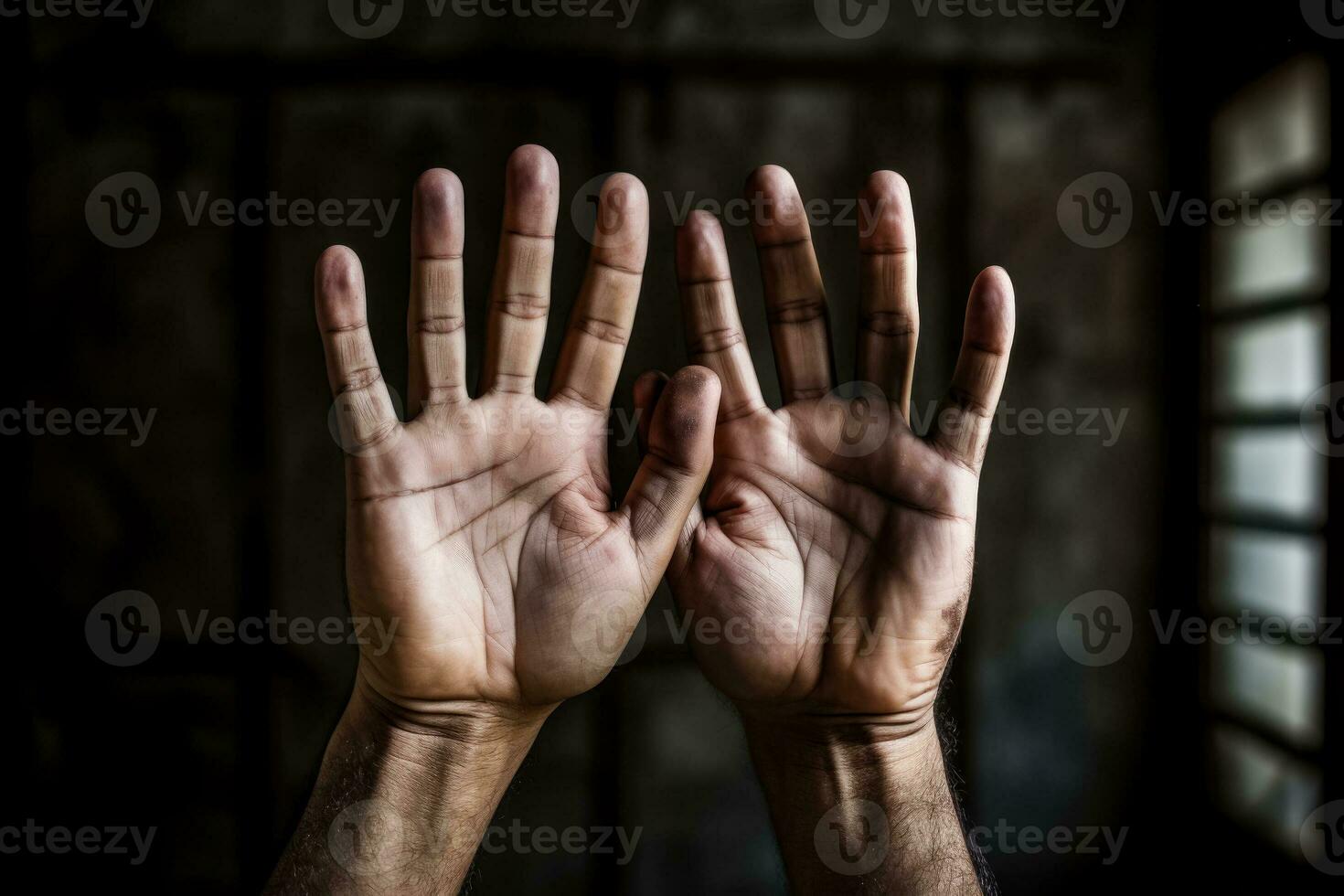 Hand reaching out from behind bars desolate background with empty space for text photo