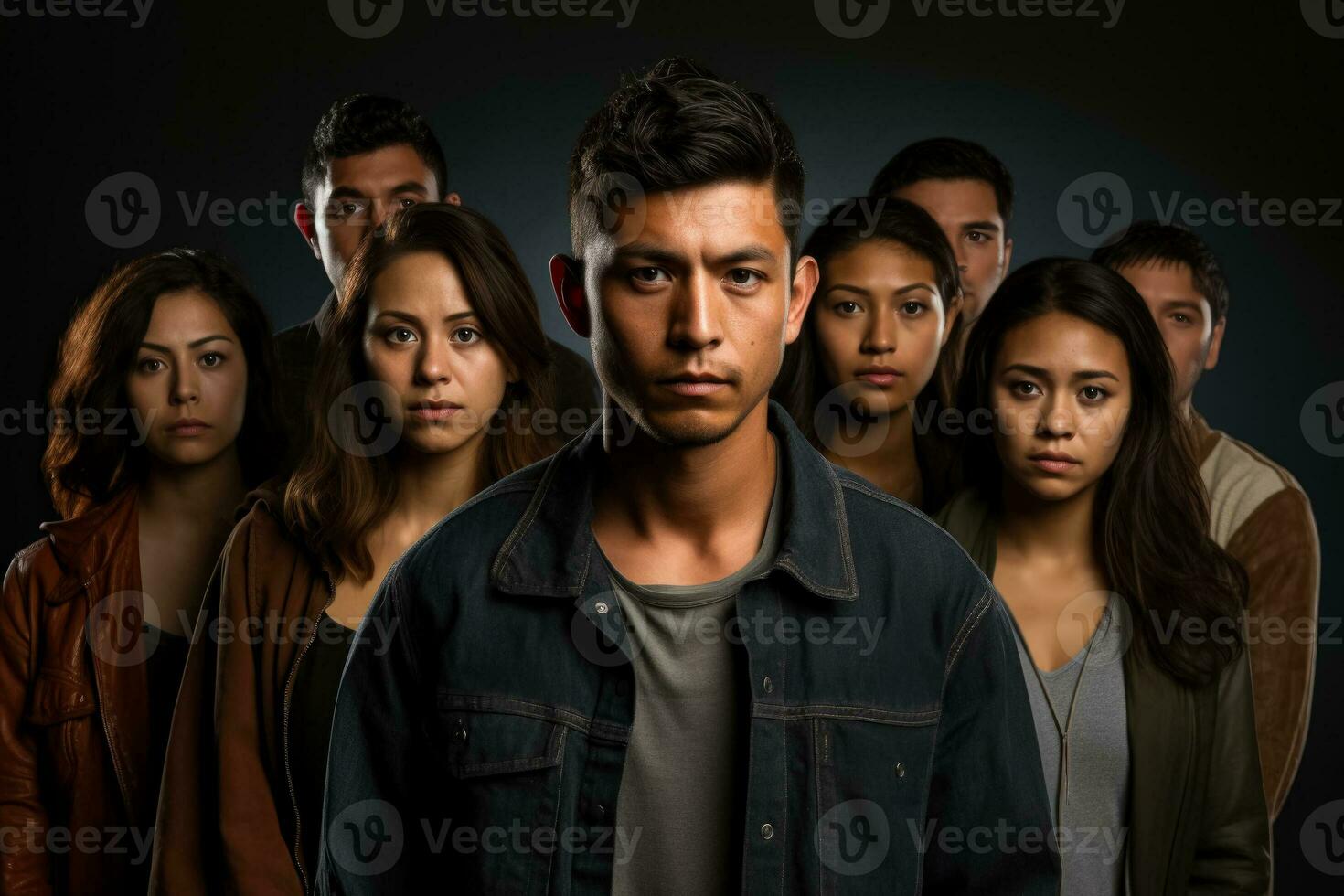 Young immigrants hopeful yet uncertain gaze isolated on a grey gradient background photo