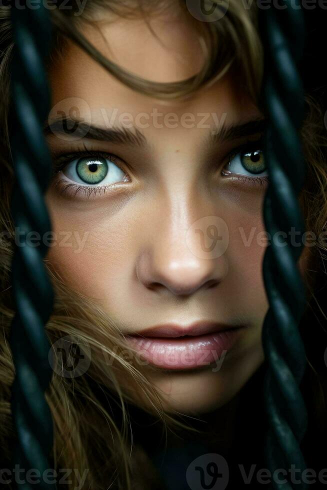 Youthful eyes peering through border fences dramatic background with empty space for text photo