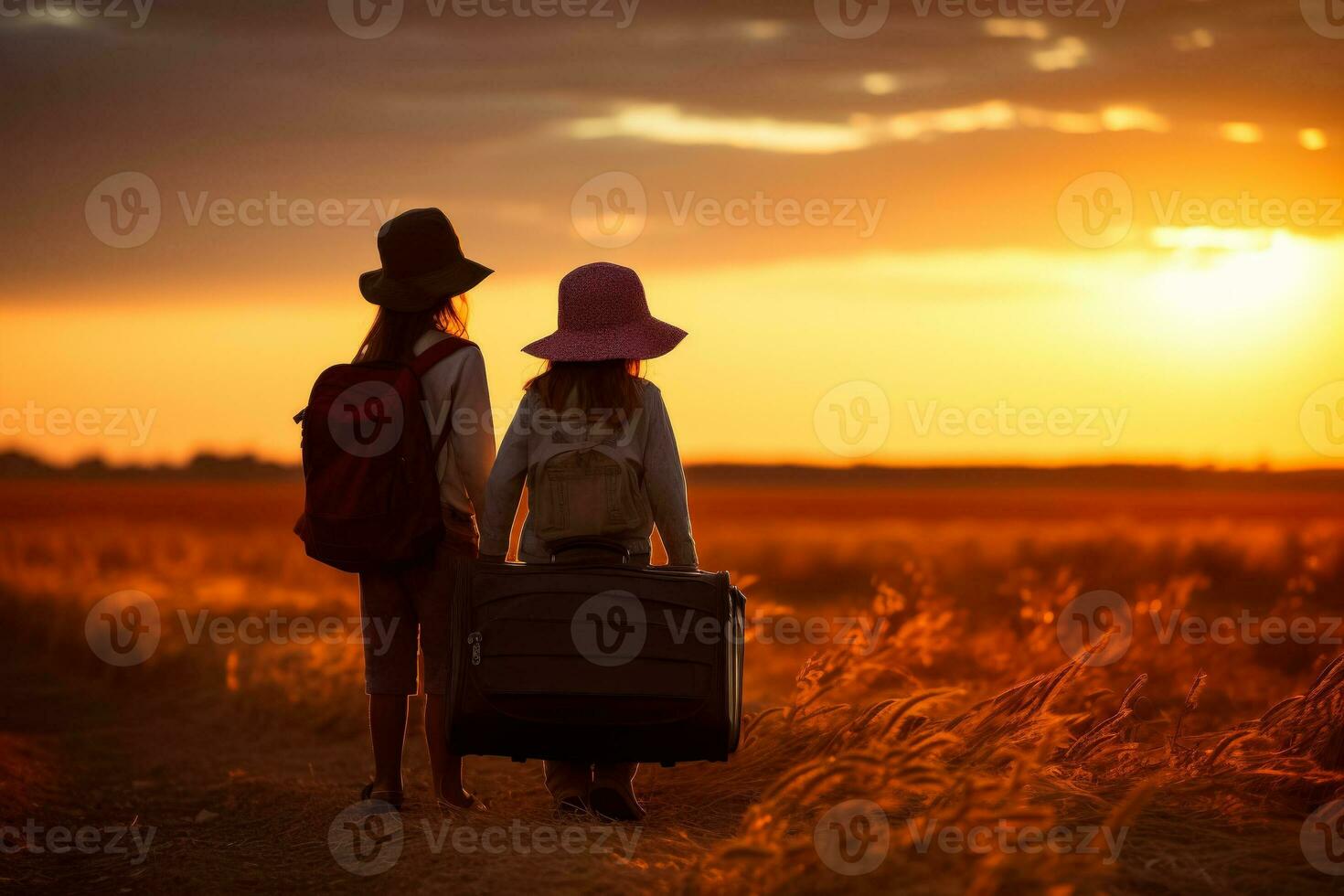 Children holding luggage amidst migration compelling background with empty space for text photo