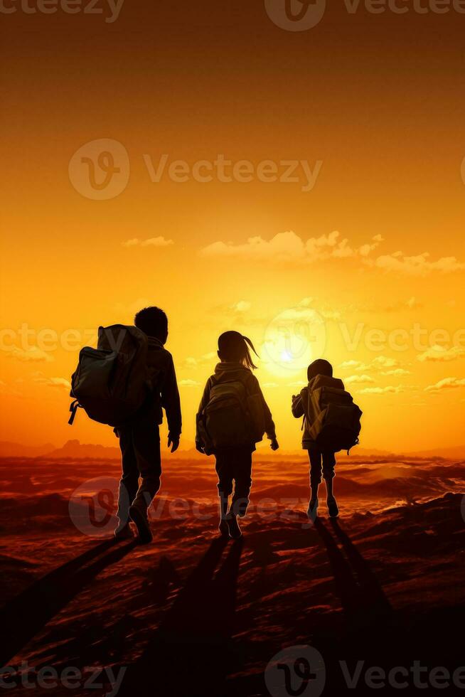 Children with packed bags crossing border isolated on a sunset gradient background photo
