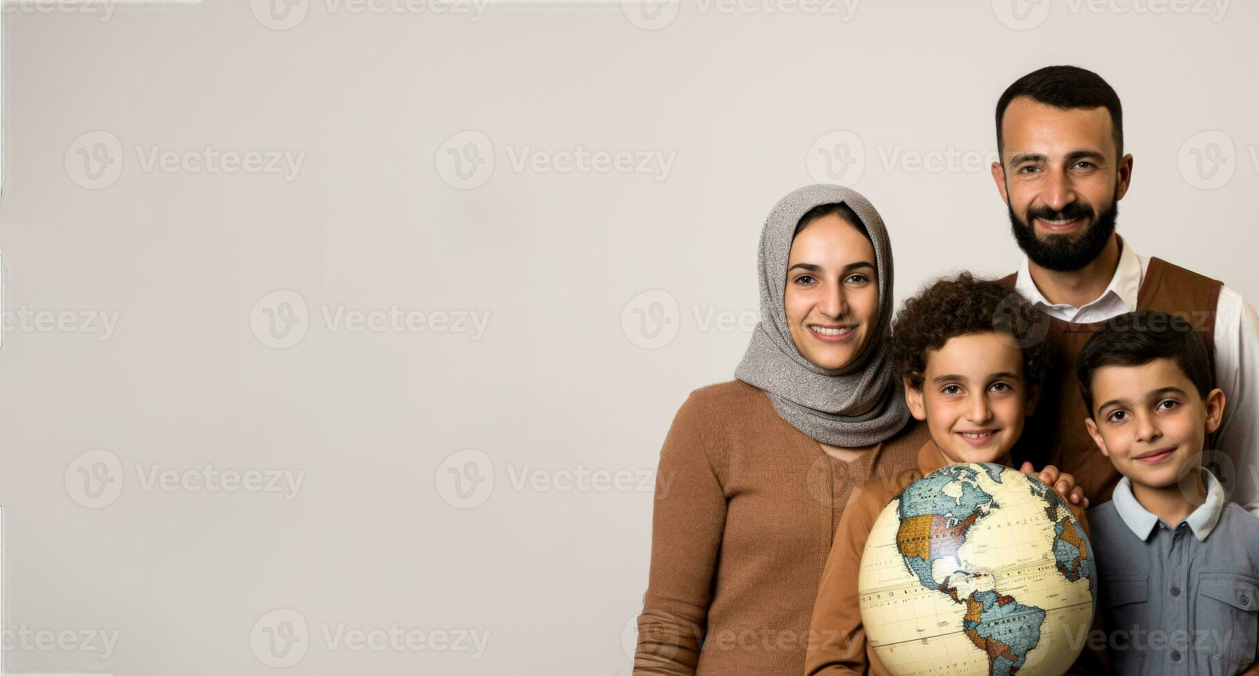 un refugiado familia participación un globo aislado en un blanco antecedentes foto