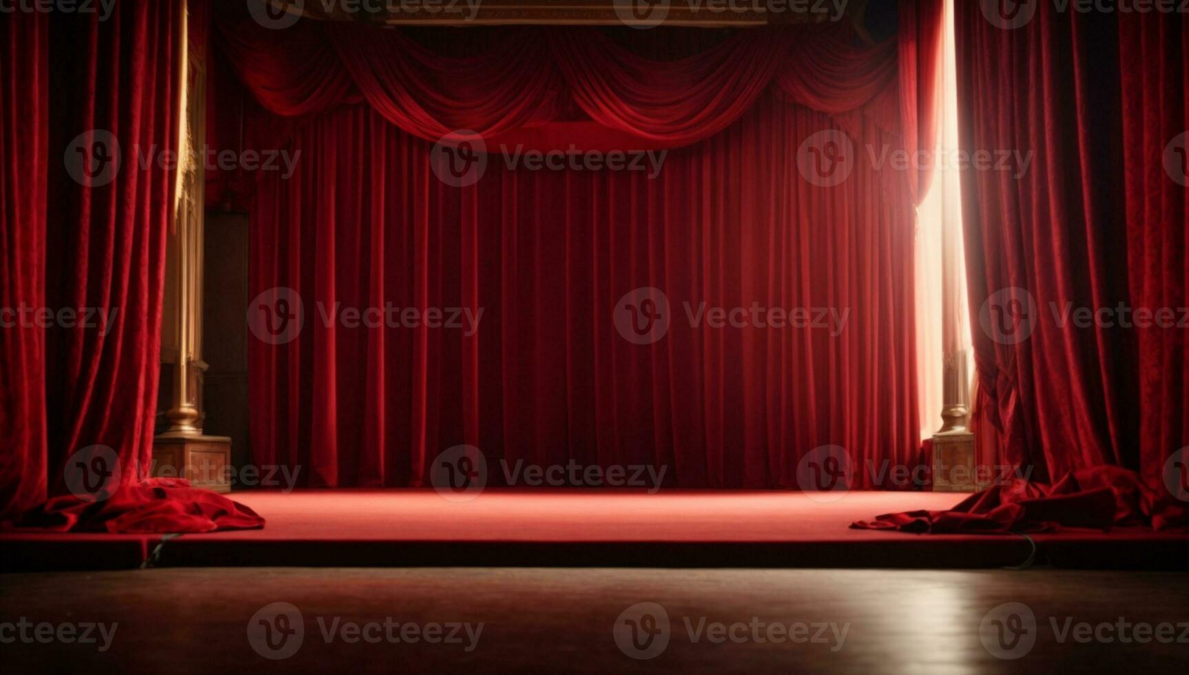 Red stage curtain with arch entrance. AI generated photo