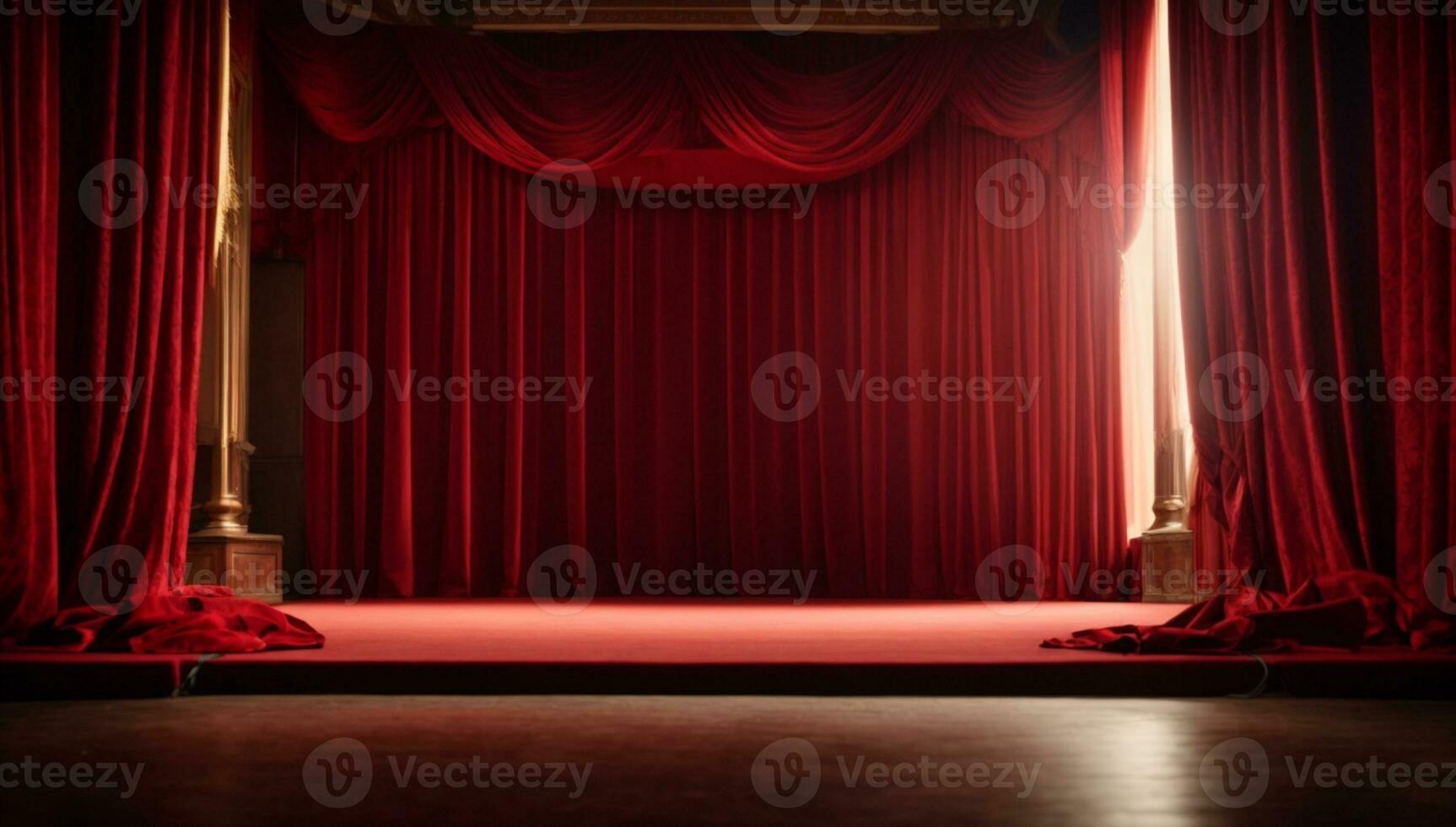 Red stage curtain with arch entrance. AI generated photo