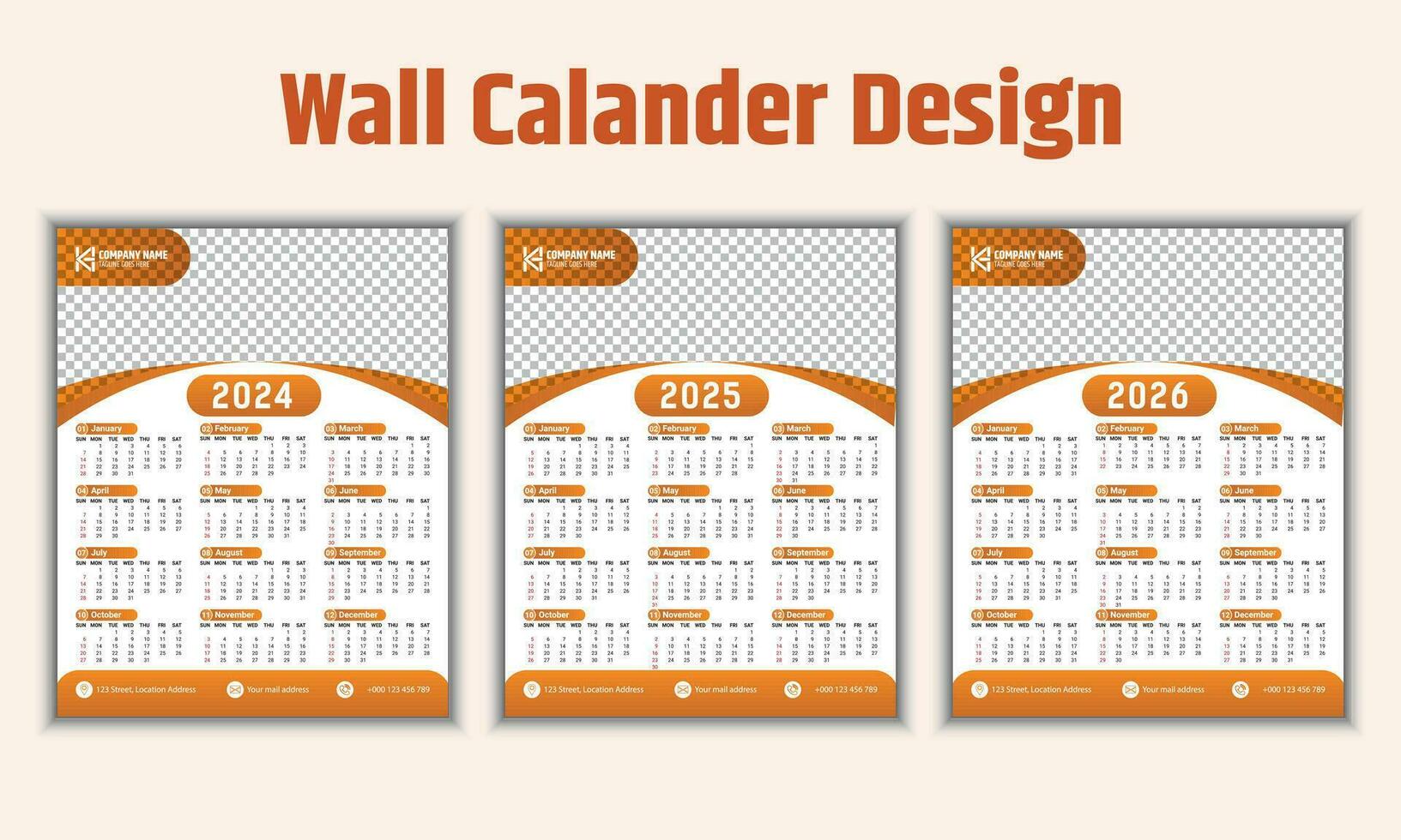 creativo pared calendario diseño para 2024. semana empieza en domingo y 12 meses de diseño son incluido. un profesional y adecuado modelo para el compañía. vector ilustración