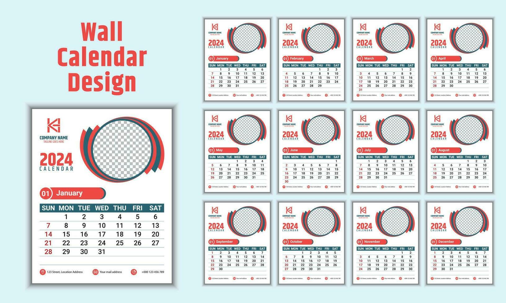 Creative wall calendar design for 2024. Week starts on Sunday and 12 months of design are included. A  professional and suitable template for the company. Vector illustration