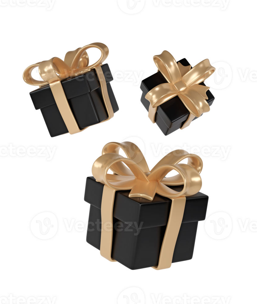 3d black Friday three gift boxes icon with golden ribbon bow transparent background. Render Shop Sale modern holiday. Realistic icon for present shopping banner or poster png