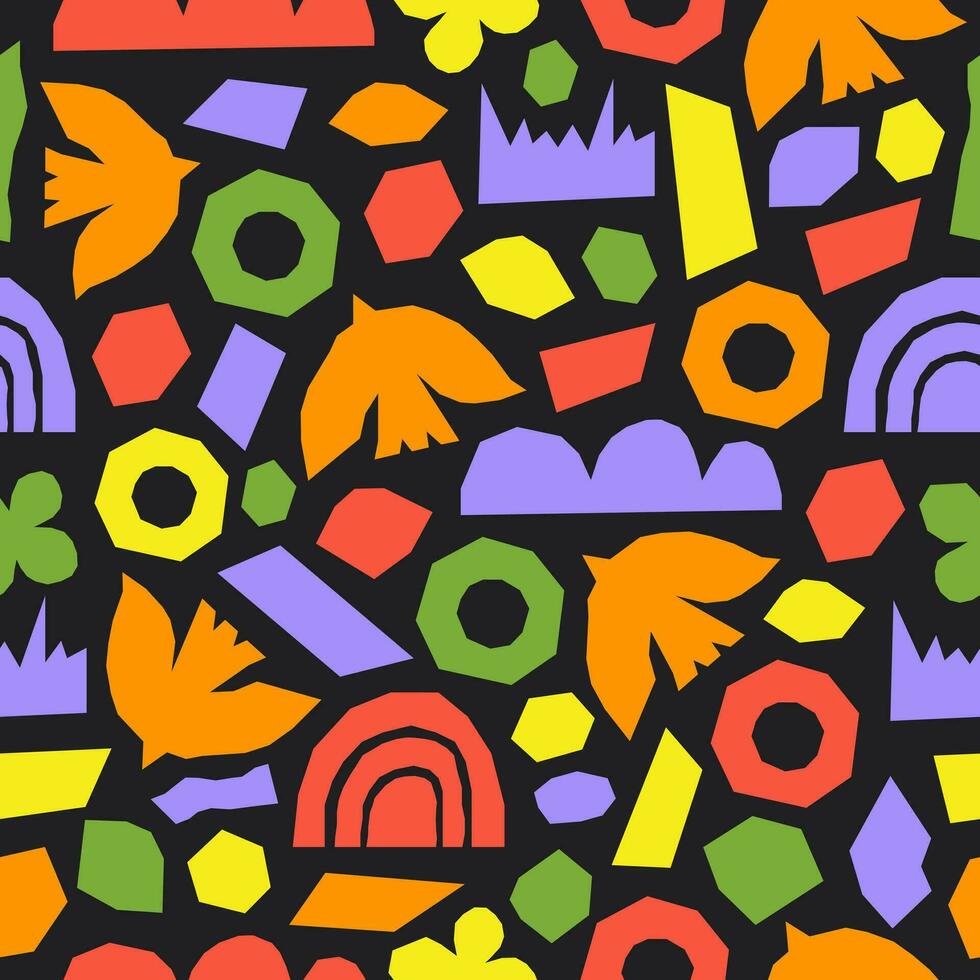 Abstract seamless pattern with colorful geometric cutting doodles. Trendy random shapes on a black background. Vector illustration