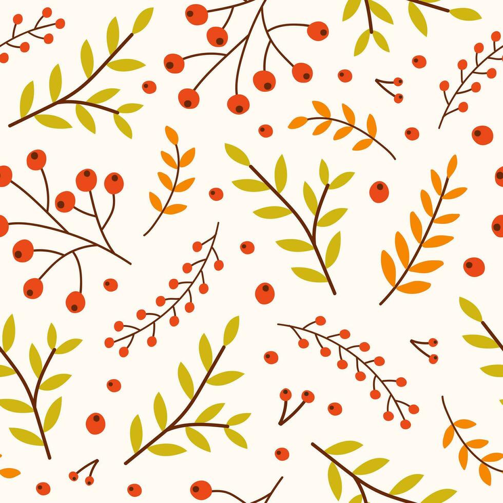 Abstract seamless pattern with branches berries and leaves on a white background . Seasonal design for textile, prints, wrapping paper. Vector illustration