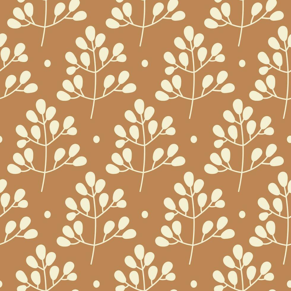 vector floral sin costura modelo con beige ramas en un marrón antecedentes. botánico mano dibujado impresión para tela, hogar decoración y envase papel.