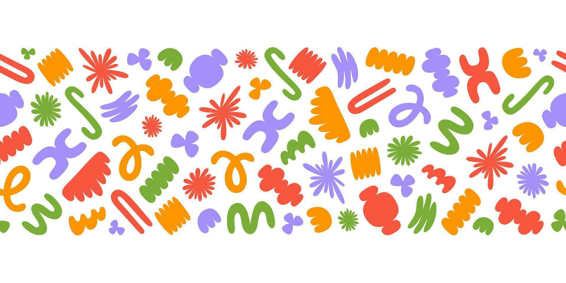 Horizontal border with colorful organic shapes isolated on white background. Trendy abstract seamless background. Vector illustration
