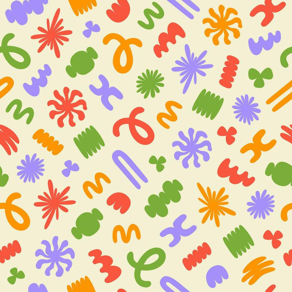 Abstract seamless pattern with colorful organic cartoon shapes on a beige background. Trendy random shapes. Vector illustration