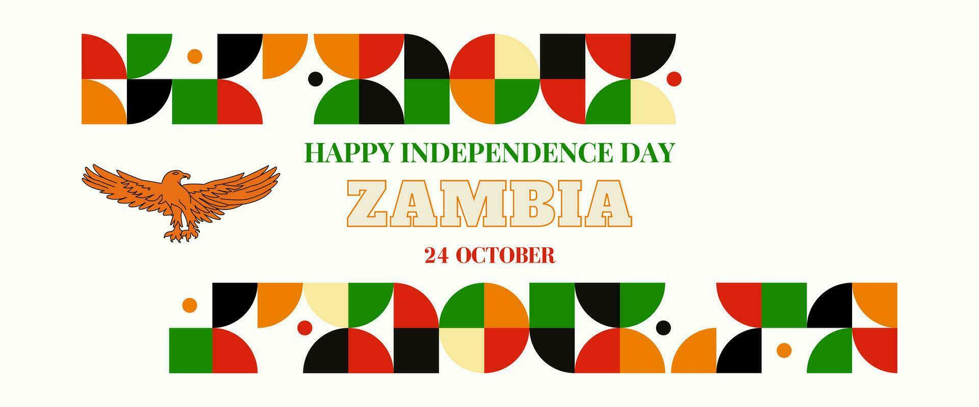 Zambia national day banner for independence day anniversary. Flag of Zambia and modern geometric retro abstract design. Green and black concept. vector