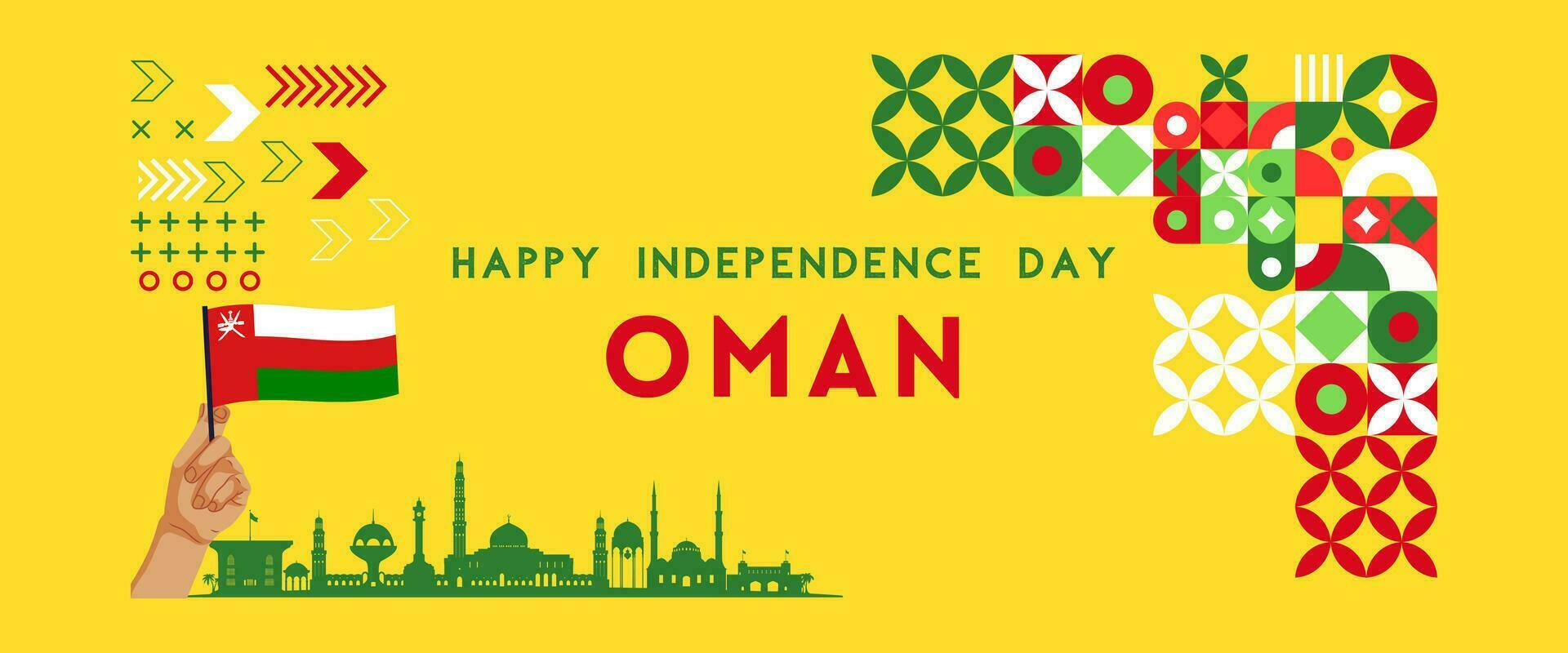 Omán nacional día bandera para independencia día aniversario. bandera de Omán y moderno geométrico retro resumen diseño vector