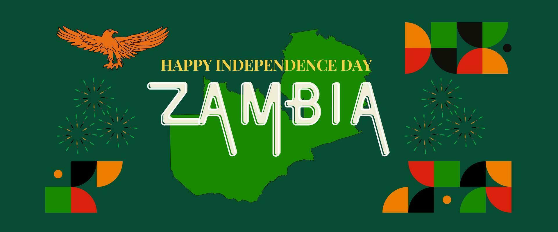 Zambia national day banner for independence day anniversary. Flag of Zambia and modern geometric retro abstract design. Green and black concept. vector