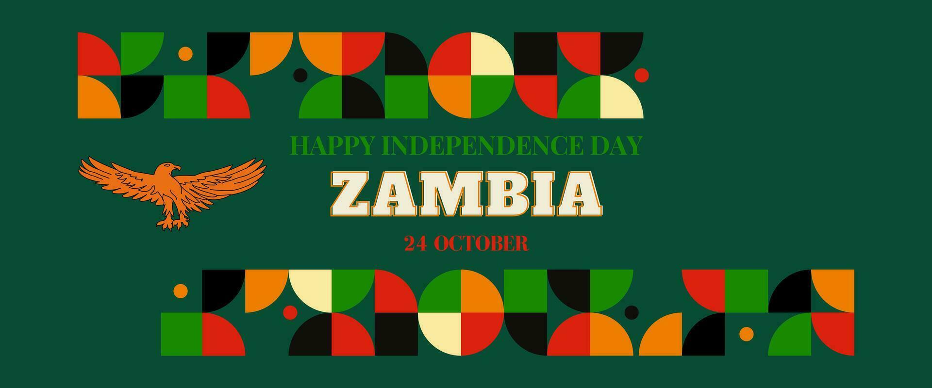 Zambia national day banner for independence day anniversary. Flag of Zambia and modern geometric retro abstract design. Green and black concept. vector