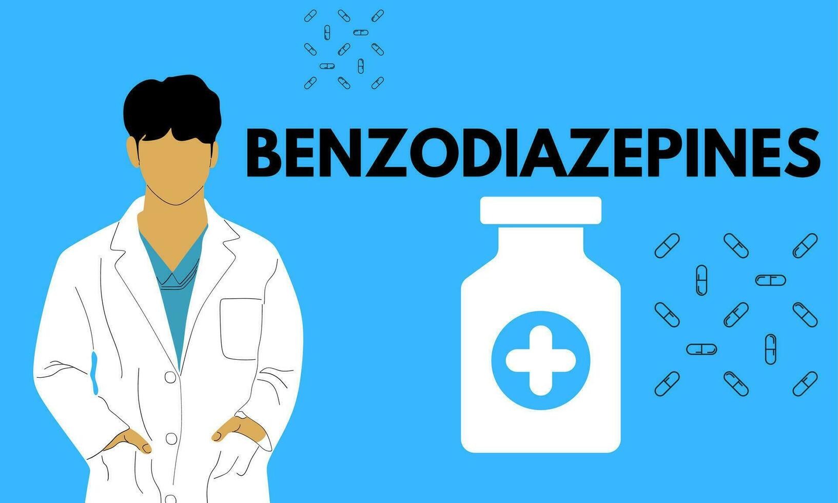 Benzodiazepines. Benzodiazepines pills in RX prescription drug bottle vector illustration