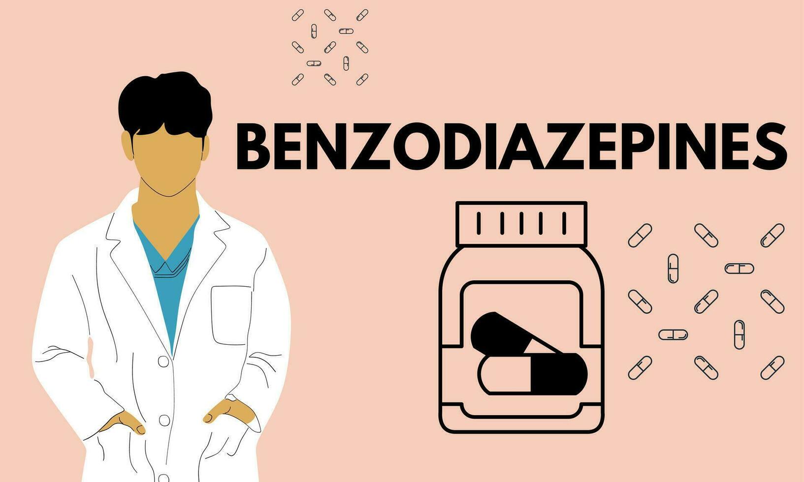 benzodiacepinas. benzodiazepinas pastillas en rx prescripción fármaco botella vector ilustración