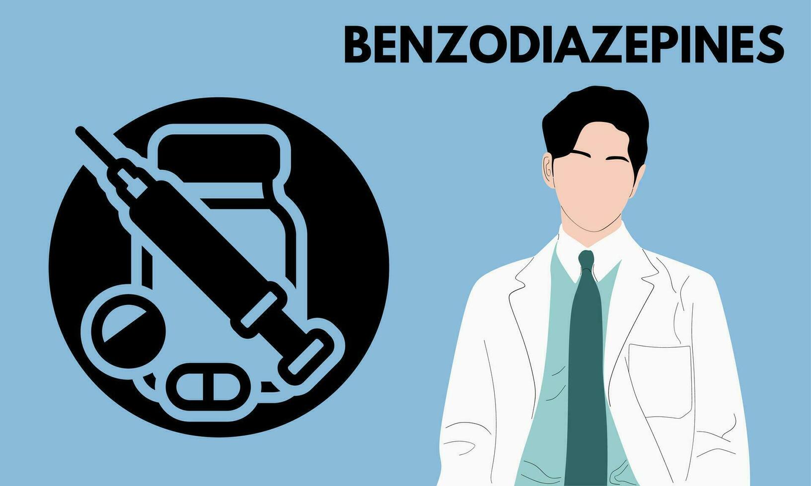 Benzodiazepines. Benzodiazepines pills in RX prescription drug bottle vector illustration