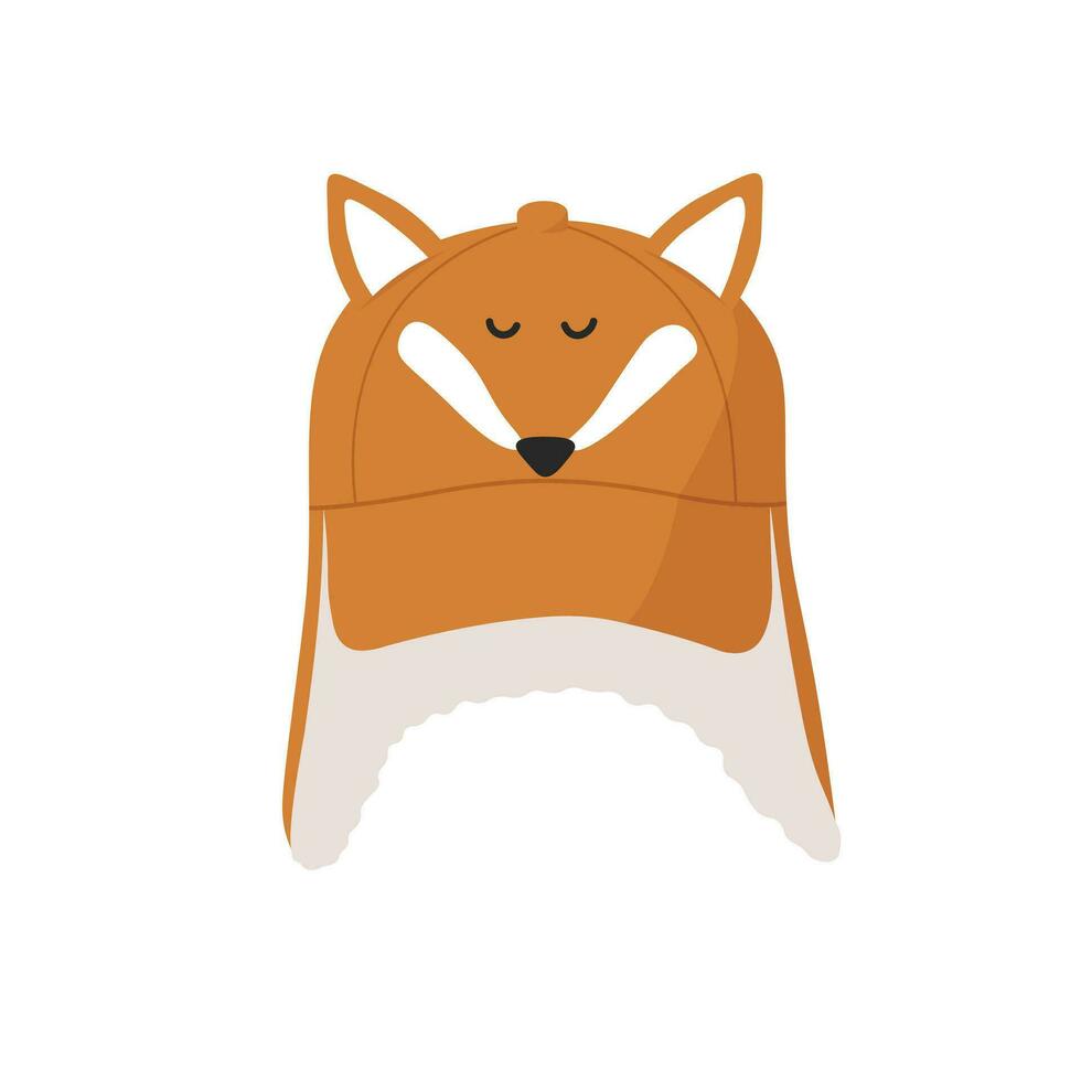 Cute brown fox winter cap with ear flaps flat illustration vector isolated on white background. Winter accessory for kid