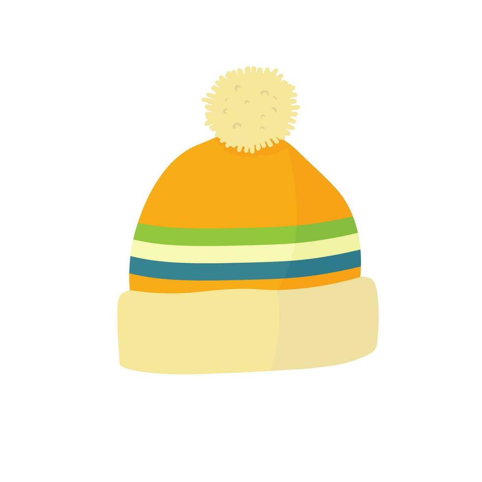 Cute yellow beanie with pom-pom flat illustration vector isolated on white background. Winter accessory for kid