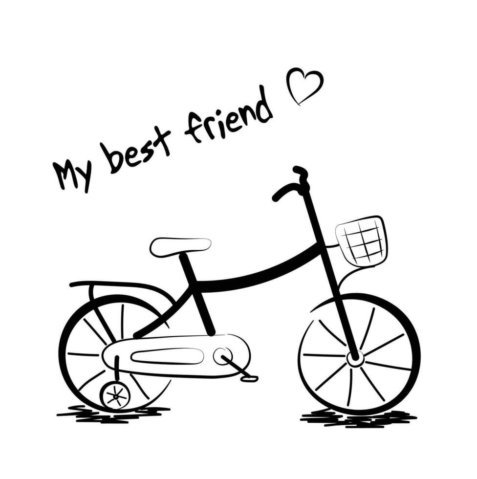 Bicycle vector in doodle style isolated on white background. Hand drawn vehicles illustration. Bike with training wheels. Kids' bike.