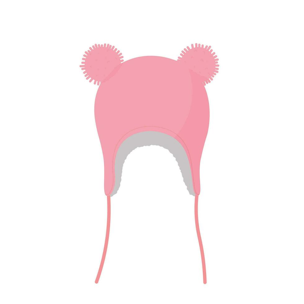Light pink knitted earflap hat with pom-pom flat illustration vector isolated on white background. Winter accessory for kid girl
