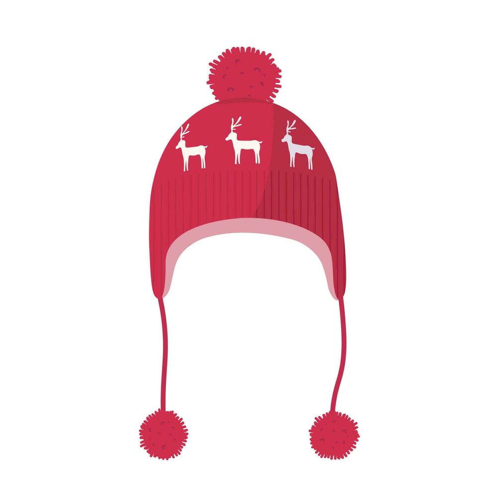 Pink red knitted earflap hat with pom-pom flat illustration vector isolated on white background. Winter accessory for kid girl