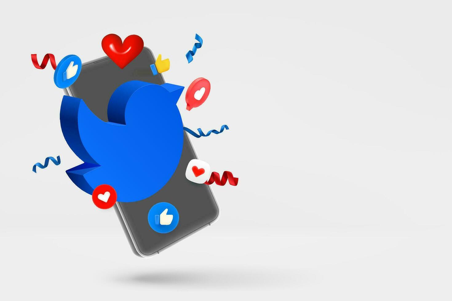 Modern smartphone with social media mobile icons and bird. 3d vector banner with copy space