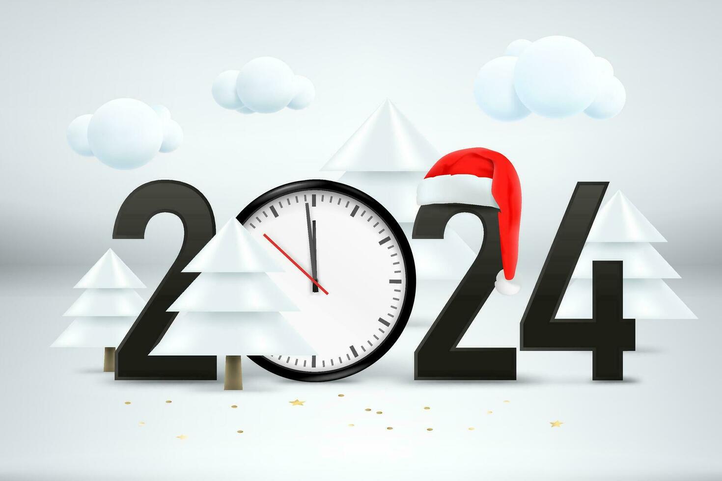 Happy new 2024 year illustration. Composition with digits, clock, pines ans Santa hat. 3d vector illustration