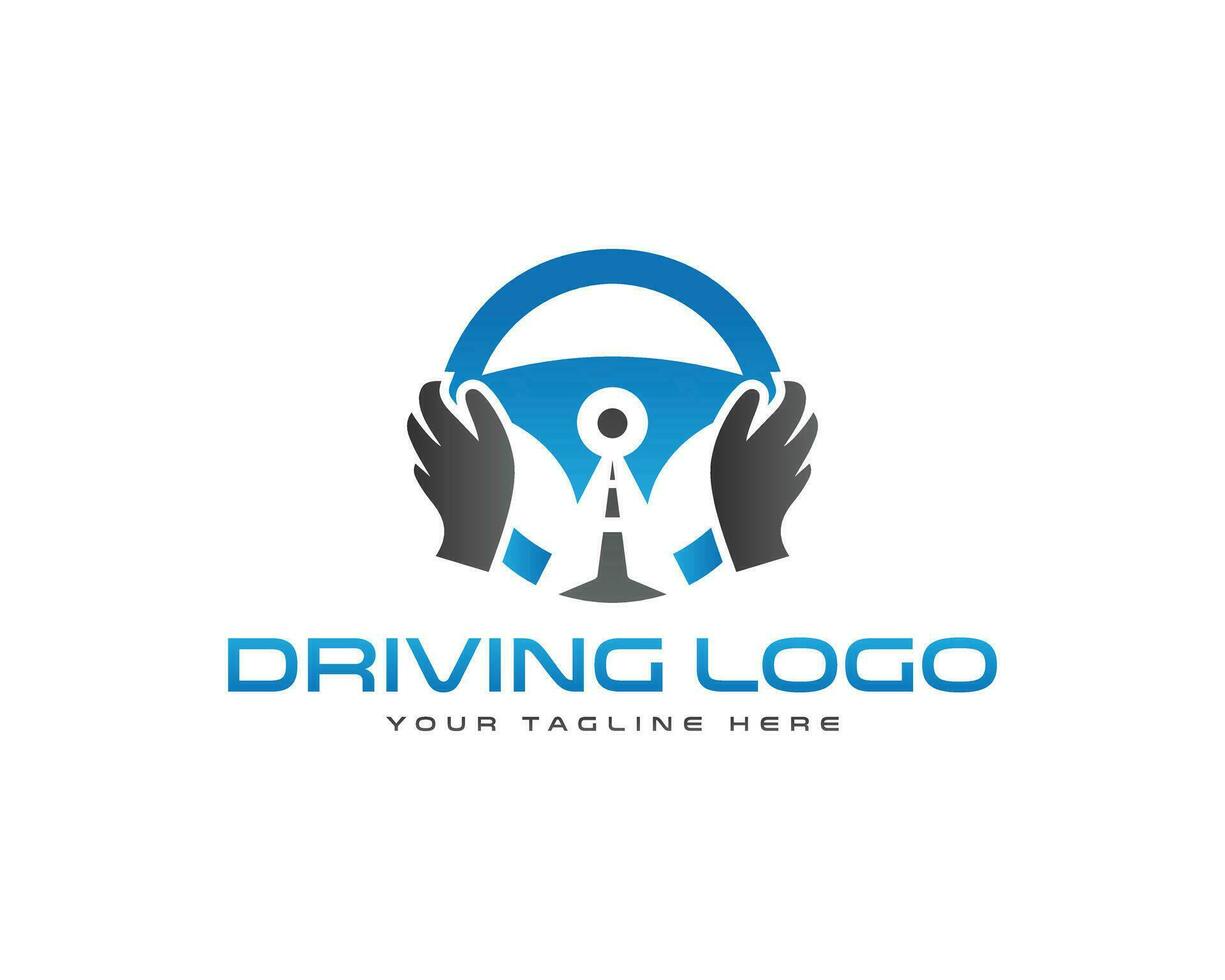 Driving school, hands on the wheel with road signs logo design vector template.