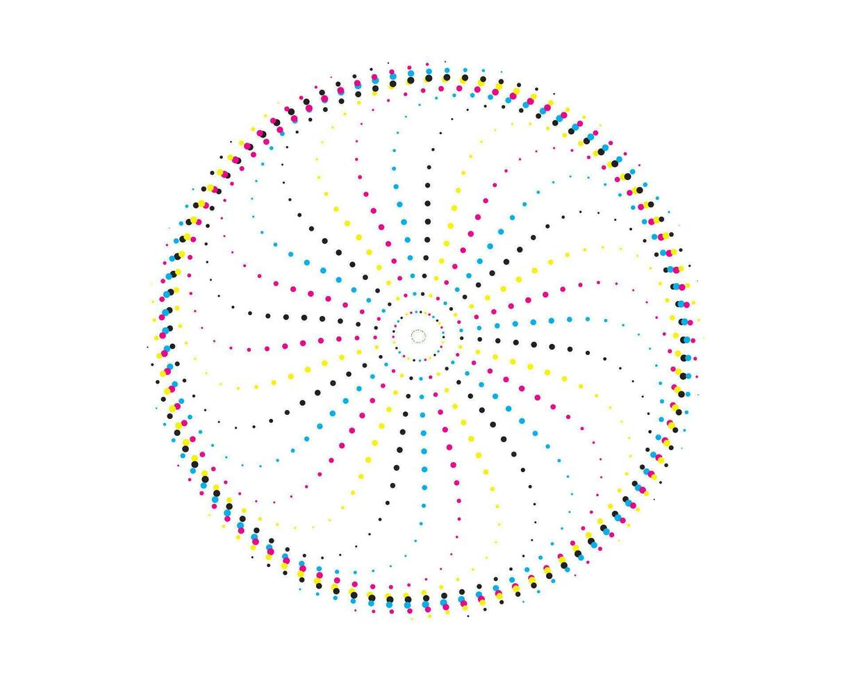 un circular modelo con vistoso puntos en él, cmyk dos círculos con vistoso puntos en ellos colocar, cmyk vector ilustración de un flor con un circulo y un punto, mandala vector