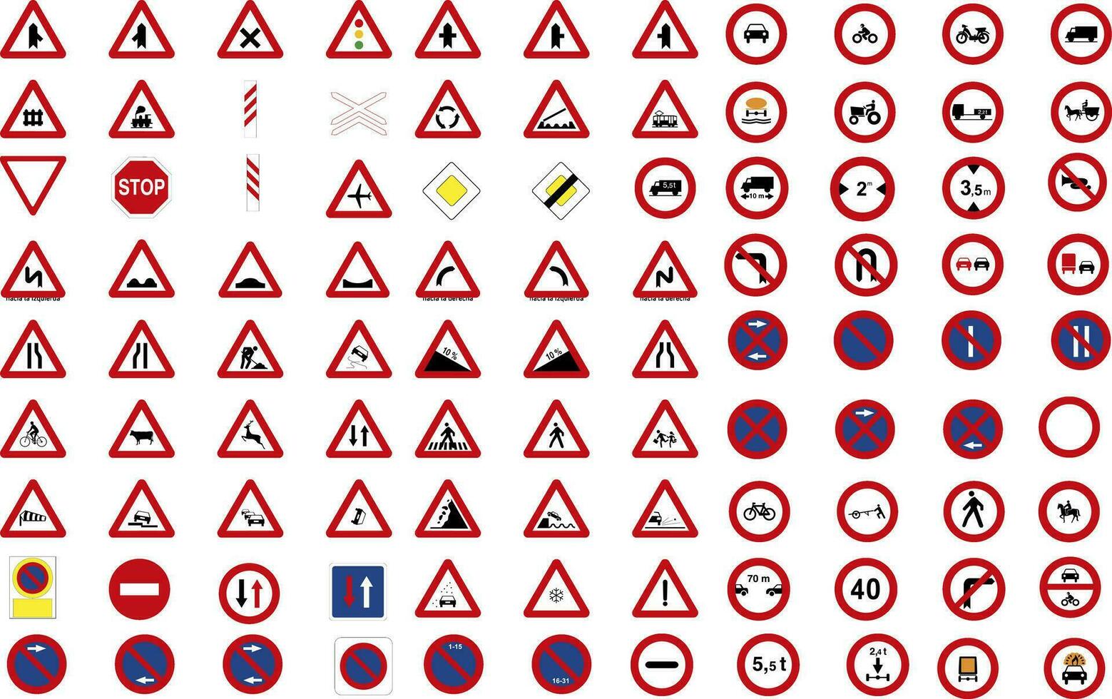 Set of triangular and round traffic, warning, prohibition and danger signs icons in addition to the hexagonal stop vector