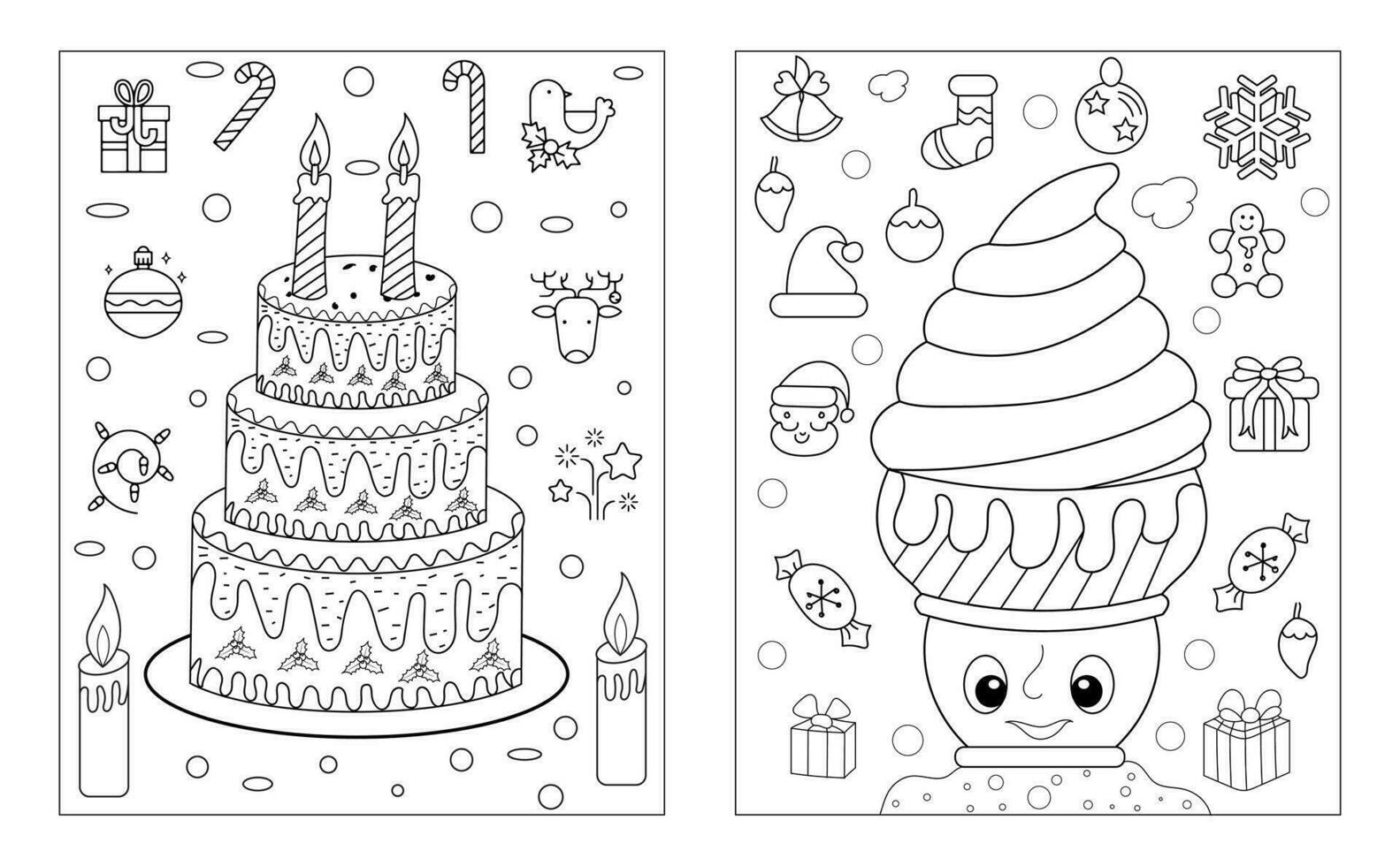 Christmas cake with festive decoration. Baked sponge dessert with Xmas stick, gingerbread house, firs, berries. vector