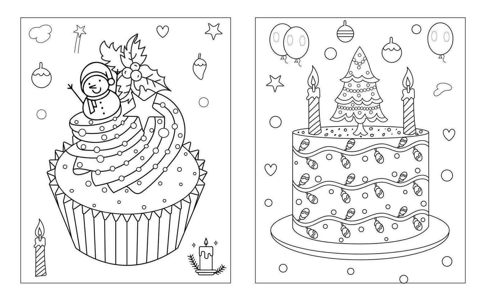 Christmas cake with festive decoration. Baked sponge dessert with Xmas stick, gingerbread house, firs, berries. vector